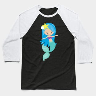 Cute Mermaid, Little Mermaid, Blue Hair, Starfish Baseball T-Shirt